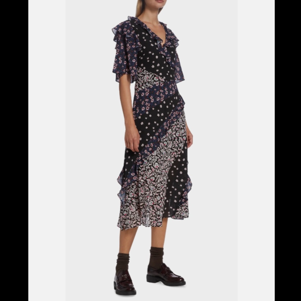 Joie Ambroise Dress Women's 4 Caviar Multi V-Neck Ruffle Trim Elbow Sleeve~